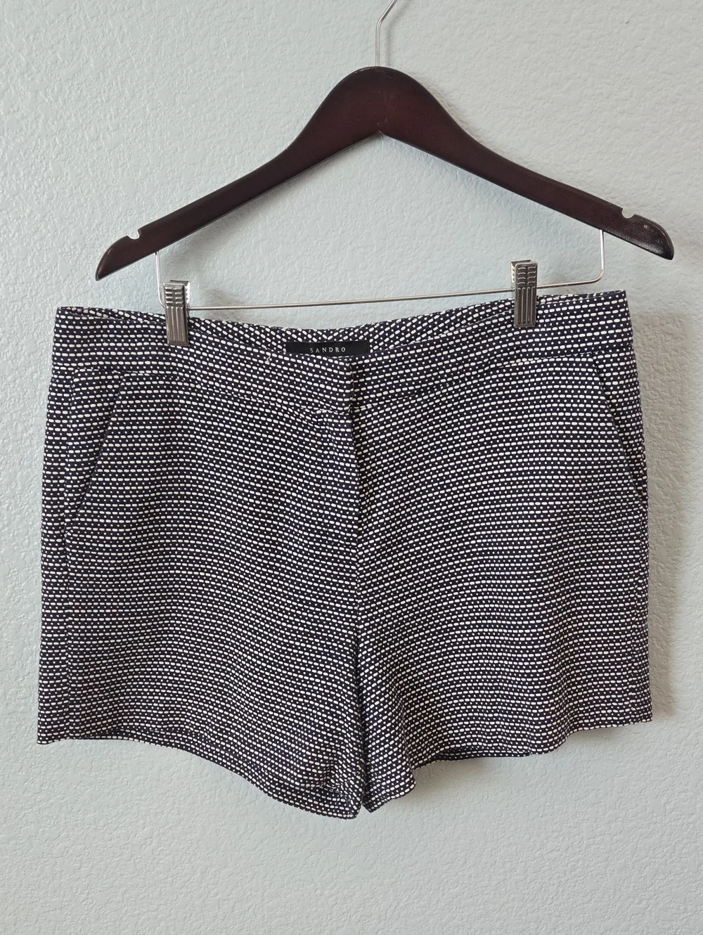 Sandro Paris Tweed Tailored Shorts Textured Deep Navy Sz 14 Winter Chic